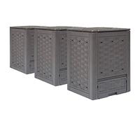 Ziaphsol Lot de 3 composteurs de jardin marron 60 x 60 x 83 cm 900 l en plastique avec aspect rotin, couvercle divisé, trous d'aération, pour feuilles et coupes vertes, bac à compost