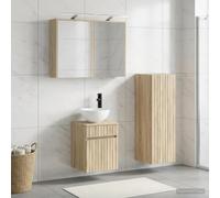Ziaphsol Lot de 4 meubles de salle de bain en chêne Sonoma et verre avec éclairage LED, montage mural, disposition flexible, espace de rangement, lavabo et robinet pour salle de bain moderne