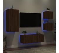 Ziaphsol Lot de 5 pièces - Meuble de salon avec éclairage LED RVB - Effet chêne marron - Montage mural - Pour salon, espace de rangement pour médias et livres - Design moderne
