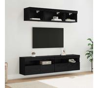 Ziaphsol Lot de 5 unités murales TV avec éclairage LED aspect chêne noir, étagère multimédia moderne avec espace de rangement, gestion des câbles, étagères de porte et étagères, idéale pour le salon
