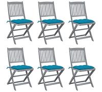 Ziaphsol Lot de 6 chaises de jardin pliantes avec coussin d'assise en bois d'acacia massif, résistantes aux intempéries, empilables, pour balcon, terrasse, extérieur, chaise à dossier haut