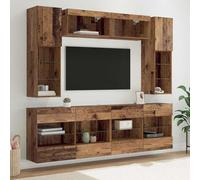 Ziaphsol Lot de 6 étagères murales TV avec éclairage LED en bois pour salon moderne, ensemble multimédia avec espace de rangement, gestion des câbles, tiroirs élégants, montage mural, durable et