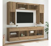Ziaphsol Lot de 6 meubles muraux TV en chêne artisanal, design moderne avec éclairage LED, pour salon, console multimédia, meuble bas, espace de rangement, gestion des câbles, support mural