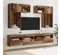 Ziaphsol Lot de 6 meubles TV muraux aspect chêne noir - En bois - Montage mural - Console multimédia avec éclairage LED - Espace de rangement et étagères en verre pour salon moderne