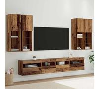 Ziaphsol Lot de 7 étagères murales TV avec éclairage LED en bois pour salon, console multimédia avec espace de rangement, gestion des câbles, montage mural, design moderne, durable, bande LED incluse