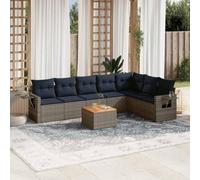 Ziaphsol Lot de 8 canapés de jardin en résine tressée grise avec coussins, table en bois d'acacia résistant aux UV, capacité de charge de 110 kg, pour terrasse et balcon