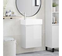 Ziaphsol Meuble sous lavabo de salle de bain avec robinet blanc brillant, suspendu au mur, vasque en céramique, matériau bois, 45,5 x 22,5 x 84 cm, espace de rangement pour salle de bain et WC