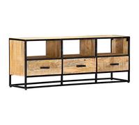 Ziaphsol Meuble TV 120 x 30 x 45 cm en bois massif de mangue, design industriel, 3 tiroirs, 3 compartiments, cadre en fer robuste, pour salon, chambre à coucher, centre de divertissement