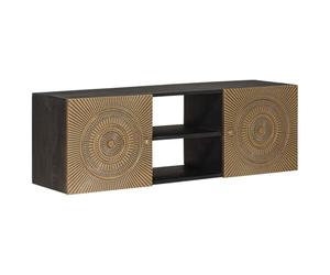 Ziaphsol Meuble TV avec étagère en bois de manguier massif et laiton, 105 x 30 x 35 cm, 1 ensemble de rangement, pour salon, home cinéma, avec 2 portes et rack de rangement hi-fi