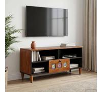 Ziaphsol Meuble TV bas avec étagère, noyer, bois massif de mangue, 100 x 33 x 46 cm, avec 1 tiroir et 2 étagères, pour salon, home cinéma