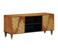 Ziaphsol Meuble TV bas avec porte marron miel 105 x 33 x 46 cm en bois de manguier massif avec poignées en laiton pour téléviseur, espace de rangement, décoration de salon, home cinéma