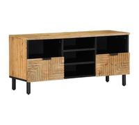 Ziaphsol Meuble TV bas marron 100 x 33 x 46 cm en bois de manguier massif avec espace de rangement, façade CNC, pieds en métal, pour salon, chambre à coucher, home cinéma