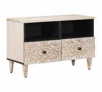 Ziaphsol Meuble TV Blanc 70 x 33,5 x 46 cm en Bois de manguier Massif Support multimédia élégant pour Salon Chambre Bureau avec Rangement tiroirs et niches