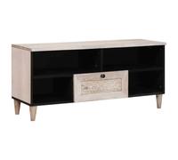 Ziaphsol Meuble TV blanc blanchi en bois de manguier massif 100 x 33 x 46 cm avec tiroir et 2 étagères pour salon home cinéma gaming avec espace de rangement pour TV et médias