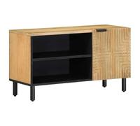Ziaphsol Meuble TV marron en bois massif de mangue, 80 x 31,5 x 46 cm, avec espace de rangement, plateau supérieur stable, pieds et façade CNC pour salon, chambre à coucher, home cinéma