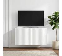 Ziaphsol Meuble TV mural blanc brillant 59,5 x 31 x 30 cm avec 2 portes pivotantes, console multimédia polyvalente pour salon, home cinéma, gestion des câbles, espace de rangement, design moderne