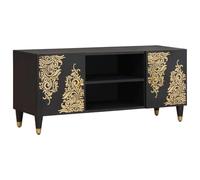Ziaphsol Meuble TV Noir 105 x 33 x 46 cm en Bois de Manguier Massif avec Accents en Laiton Support Ecran Audio Vidéo Organisation pour Salon Chambre Bureau
