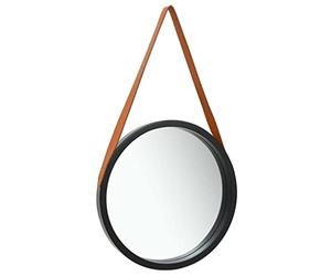 Ziaphsol Miroir mural avec ceinture, rond décoratif, 50 cm, noir, sangles en cuir synthétique 120 x 3 cm, cadre en bois de paulownia, pour salle de bain, couloir, chambre à coucher, montage mural et