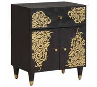 Ziaphsol Modern Black Bedside Cabinet with Door and Drawer 50x33x60 cm for Bedroom Decor, Wood Mango Solid, Scandinavian Style, Vintage Touch, with Brass knobs