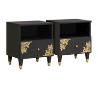 Ziaphsol Modern Black Bedside Cabinet with Two Drawers and Shelf 40 x 33 x 46 cm Made of Mango Wood with Brass Accents for Bedroom Living Room Or Dormitory Decor