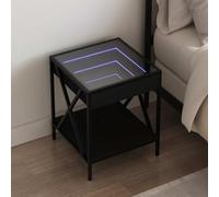 Ziaphsol Modern Black Bedside Table with Infinite LED Mirror 40x40x49 cm Durable Engineered Wood Metal Frame for Bedroom Living Room Decor, with USB Connector and Adjustable RGB LED Lights