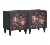 Ziaphsol Modern Black Mango Wood Bedside Table with Floral Motif 40 x 33 x 46 cm for Bedroom Decor Bedroom Furniture with Drawer and Storage Space Ideal for Adult Or Children's Room