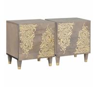 Ziaphsol Modern Mango Wood Nightstand with Door 2 Pieces in Grey for Bedroom Storage and Decor, Durable Scandinavian Style Small End Table with Brass Knob for Adult and Kids Room