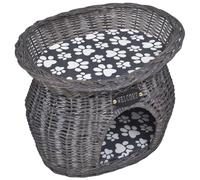 Ziaphsol Niche douillette pour chat en osier avec coussin, panier pour chat gris, 44 x 33 x 34 cm, espace de couchage léger avec panneau de bienvenue pour salon, balcon, terrasse et refuge calme