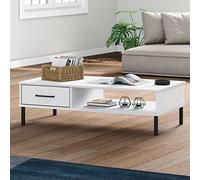 Ziaphsol Oslo Table basse en pin massif blanc, 100 x 55 x 29 cm, pieds en métal, avec tiroir et compartiment ouvert, espace de rangement pour salon, table d'appoint moderne