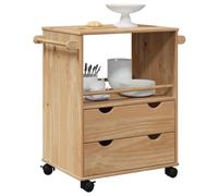 Ziaphsol OTTA Chariot de cuisine 59 x 45 x 80 cm en bois massif de pin avec finition cire de miel, 4 roulettes dont 2 avec frein, tiroir et espace de rangement pour cuisine et salle à manger