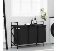 Ziaphsol Panier à linge à 3 compartiments avec étagère aspect chêne noir, cadre en acier, 3 sacs à linge extensibles, tri pour linge sale, peu encombrant, pour buanderie, salle de bain