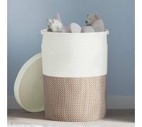 Ziaphsol Panier de rangement avec couvercle - Marron et blanc - En coton tressé - Design pliable - Diamètre : 37 x 50 cm - 1 panier pour linge - Jouets - Rangement dans le salon