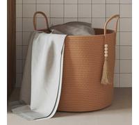 Ziaphsol Panier de rangement marron Ø 40 x 35 cm en coton tressé design pliable avec poignées pour linge, jouets, couvertures