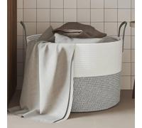 Ziaphsol Panier de rangement tressé gris blanc en coton polyester Ø 51 x 33 cm Design pliable avec poignées pour l'ordre dans le salon, la chambre à coucher