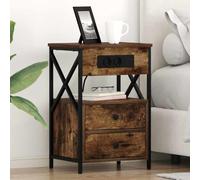 Ziaphsol Rustic Oak Finish Bedside Table with Two Drawers Modern Storage Nightstand with Built-in Charging Station for Bedroom Living Room Home Decor AU