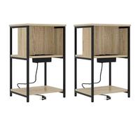 Ziaphsol Rustic Oak Sonoma Nightstand Set of Two with Storage Shelves and Built-in Charging Station for Bedroom Or Lounge, Solid Wood and Metal Frame, Compact 38 x 31 x 61 cm, Modern Vintage Design