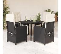 Ziaphsol Salon de jardin 5 pièces en polyrotin noir, fauteuils réglables avec repose-pieds, plateau en verre, coussins blanc crème, résistant aux UV, pour balcon, terrasse et extérieur