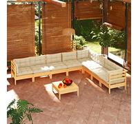 Ziaphsol Salon de Jardin 9 pièces en Bois de pin Massif avec Coussins crème, canapé Angle, Central, Repose-Pied, Ensemble modulable pour terrasse, Balcon, Patio, détente Repas et réception