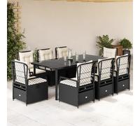 Ziaphsol Salon de jardin 9 pièces en polyrotin noir, chaises réglables avec coussins blanc crème, table en verre 200 x 100 cm pour terrasse, balcon, extérieur