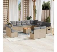 Ziaphsol Salon de Jardin modulable 14 pcs Beige en résine tressée, canapé Fauteuil Pouf Angle, siège avec Dossier et accoudoir, Banquette Patio terrasse Lounge, Coussins lavables, Table Acacia