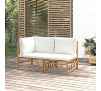 Ziaphsol Salon de Jardin modulable 2 pcs en Bambou avec Coussins Blanc crème, canapé Fauteuil Pouf Angle, élément siège Banquette pour terrasse Balcon Patio véranda et Espace Lounge détente