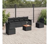 Ziaphsol Salon de Jardin modulable 7 pièces en résine tressée Noire, canapé, Fauteuil, Pouf, siège, Banquette, Dossier, Table en Acacia, Coussins lavables pour terrasse et Patio