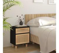 Ziaphsol Scandinavian Style Black Pine Wood Nightstand with Rattan Drawer and Storage Shelf for Bedroom Living Room Modern Vintage Small Side Table with Stable Legs