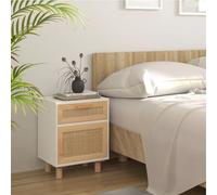 Ziaphsol Scandinavian White Wooden Bedside Table with Rattan Drawer and Storage Shelf Natural Pine Finish Modern Bedroom Furniture for Adults and Children