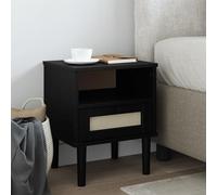 Ziaphsol SENJA Nightstand with Rustic Black Rattan Finish, Made from Solid Pine Wood, Modern Design with Spacious Drawer and Storage Shelf, Perfect for Bedroom, Living Room, Or Dormitory