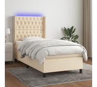 Ziaphsol Sommier à Lattes tapissier crème 90x190 cm avec Matelas à Ressorts ensachés, surmatelas Mousse, Cadre Bois mélèze, Bande LED intégrée et tête de lit réglable pour Chambre