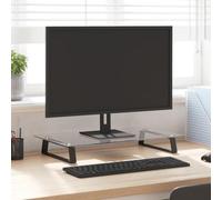 Ziaphsol Support d'écran noir en verre trempé et métal 60 x 35 x 8 cm avec plateau pour clavier pour poste de travail, bureau, home office, gaming station de travail