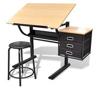 Ziaphsol Table à dessin avec plateau inclinable, table architecte avec 3 tiroirs, tabouret, MDF et pieds en fer revêtu par poudre, 119,5 x 60 x 77,5 cm, pour bureau, école, atelier