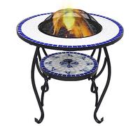 Ziaphsol Table à feu mosaïque céramique bleue et blanche 68 cm en acier avec protection contre les étincelles, table ronde pour bûches de bois ou charbon de bois, jardin terrasse pour chaleur et