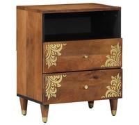 Ziaphsol Table de chevet en bois massif - 50 x 33 x 60 cm - Mangue - Avec 2 tiroirs - Pour chambre à coucher - Élégante table d'appoint avec motif floral - Ton marron miel chaud